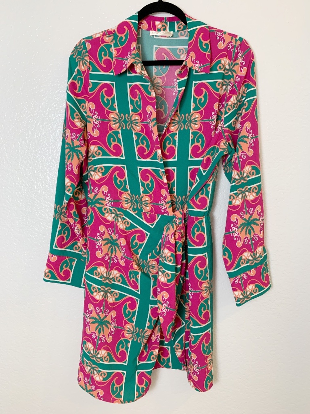 Intempo Wrap Dress Women’s Large Pink & Teal Tropical Print Tie-Waist Palm Tree